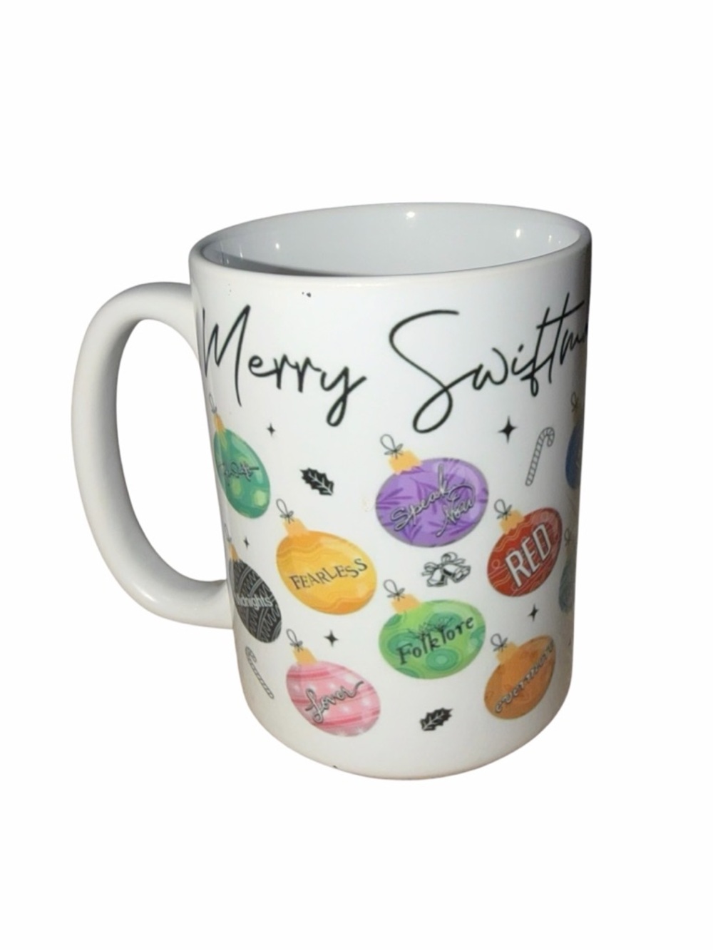 Taylor Swift White Ceramic Mug with Colorful Album Ornament Art